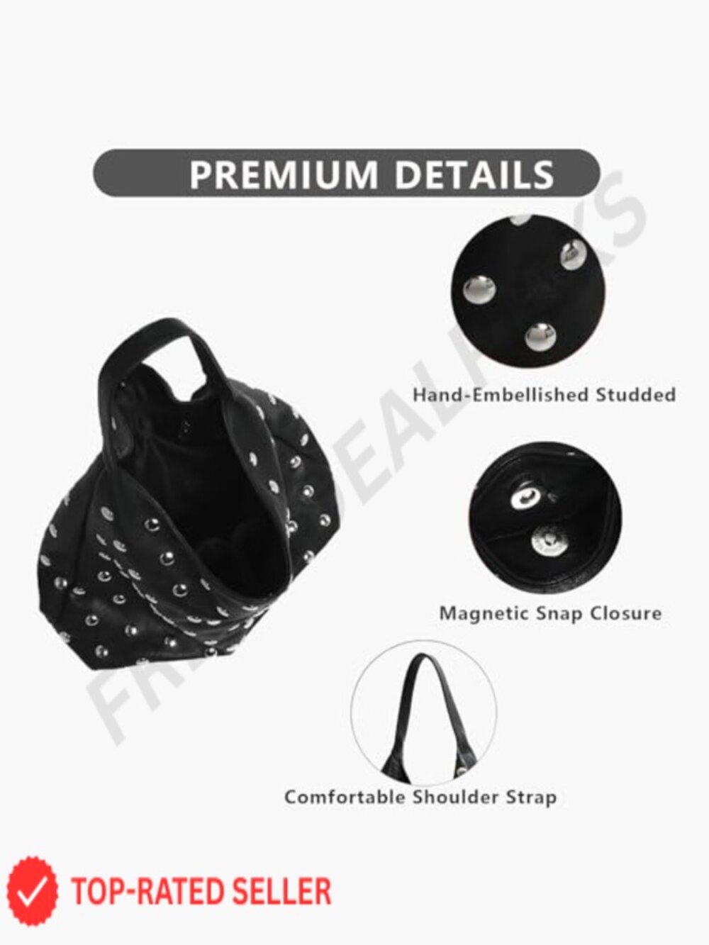 Studded Slouchy Hobo Bag Vegan Leather Shoulder Tote Purse Y2K Punk - Picture 5 of 7